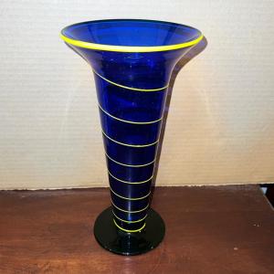 Photo of Lot UUU Cobalt Blue Vase with Applied Yellow Swirl 11"