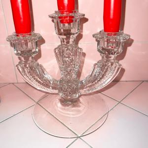 Photo of Lot IIA Pair Depression Glass Triple Candle Holders + 6 Red Candles