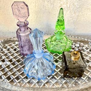 Photo of GROUP OF 4 VINTAGE GLASS PERFUME BOTTLES CRYSTAL TRAY