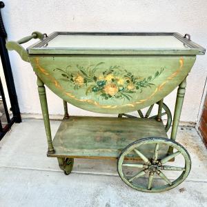 Photo of ANTIQUE TOLE PAINTED ROLLING TEA CART W/GLASS SERVING TRAY