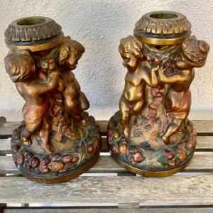 Photo of ANTIQUE PAIR OF ARMOUR BRONZE CHERUB CANDLE HOLDERS
