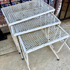 Photo of VINTAGE SET OF 3 METAL MESH NESTING TABLES RUSTY CRUSTY OUTDOOR PATIO PLANTS