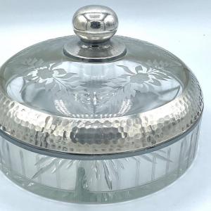 Photo of Antique Shreve Cut Glass Divided Dish with  Itaglio Dome Lid  Hammered Sterling 