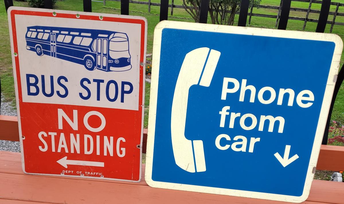Photo 8 of Vintage Metal Bus Stop Sign + Phone from Car Pay Phone Metal Sign