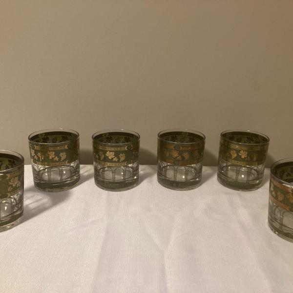 Photo of set of 6 CORA glasses high ball clear & green with golden grapes, columns