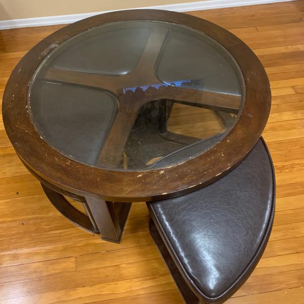 Photo of Wood & Glass Coffee Table w/ 4 Stools