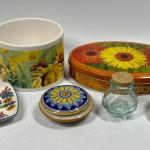 Mixed Lot of Colorful Floral Ceramic Pieces, Tin, & Glass Jar