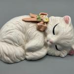 Vintage Artistic Gifts Buena Park White Ceramic Sleeping Cat with Pink Bow Figur