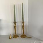 Lot 8644 Pair of Polished Brass Candlesticks & Polished Brass Articulated Candle