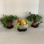 Lot.  8594  Celadon Bowl with Faux Fruit & Two Faux Ivy Plants