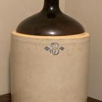 Vintage #3 whiskey stoneware jug 2 tone brown on top handle  14 1/4" tall