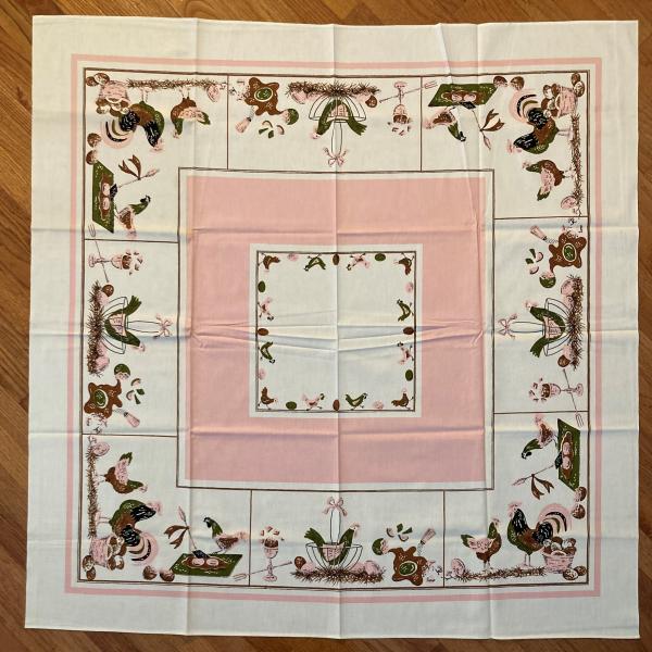 Photo of Vtg Tablecloth Roosters chickens eggs white w/pink 50"x50" 