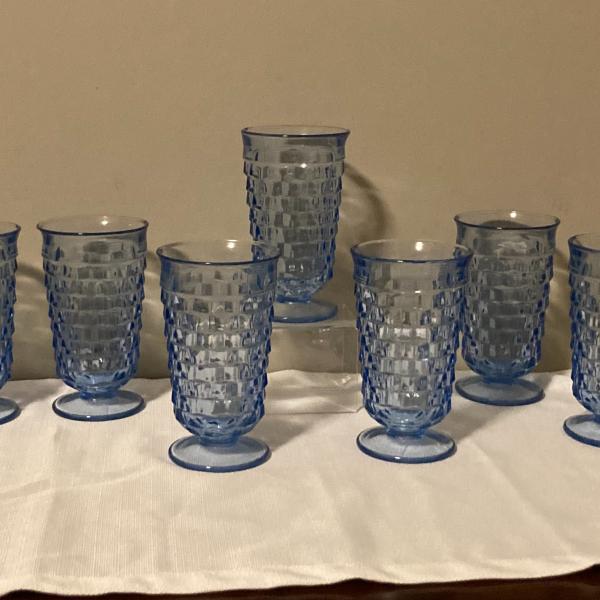 Photo of 7 Fostoria American cubists footed blue tumblers 6" 