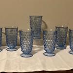 7 Fostoria American cubists footed blue tumblers 6" 