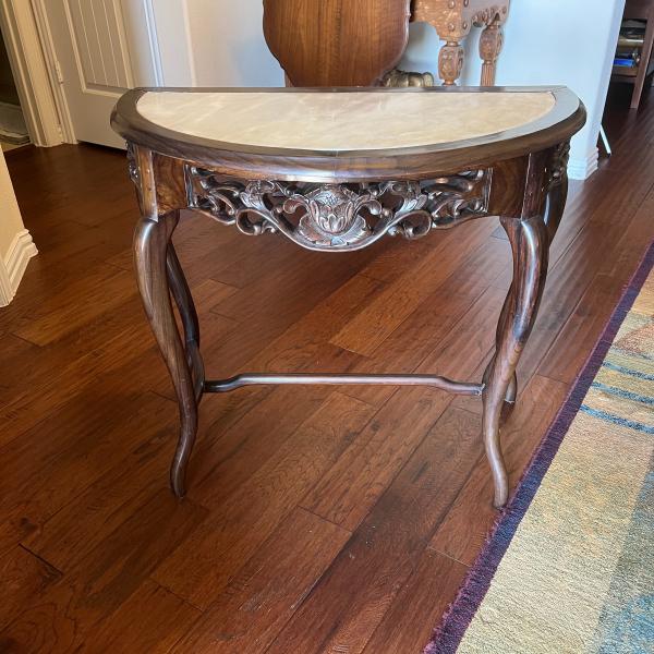 Photo of Marble Top Inlay Demilune Wood Accent Table