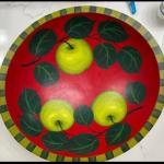 Red Sherwood Forest Design Tree Spirit 12” Wooden Bowl With Green Apples.