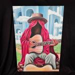 Large canvas painting of guitarist