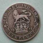 BRITISH EMPIRE - INDIA 1918 Six Pence Silver Coin