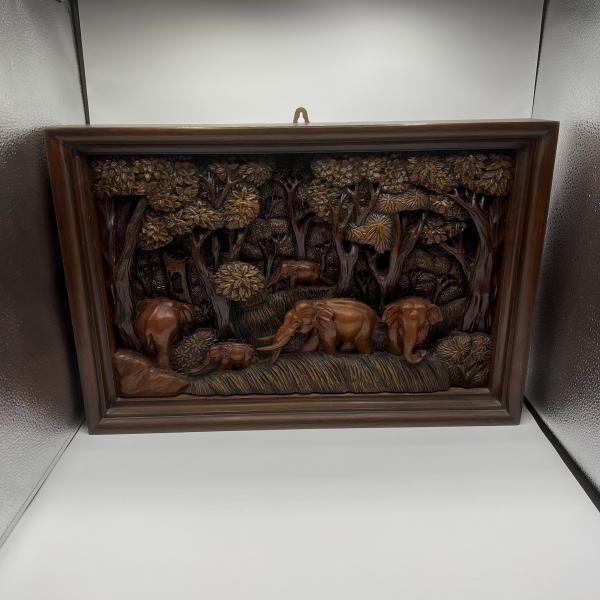 Photo of Wood Carved Shadow Box Picture - Elephants in the Jungle