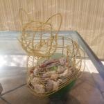 Vintage yellow  wire cat basket with sea shells