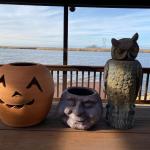 LOT 141: Outdoor Decor: Owl, Terracotta Pumpkin & Happy Face Planter