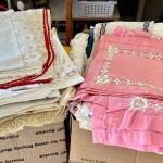 Lot of 2 Boxes of Miscellaneous Vintage Tablecloths, Table Runners and Napkins