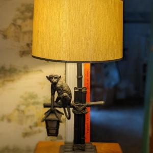 Photo of Rare Monkey Table Lamp With Beaded Lamp, resin, metal