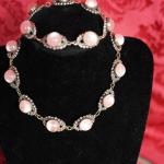 PINK CABOCHON MOONSTONE STYLE STONES SET IN SILVERTONE LINKS NECKLACE AND BRACEL