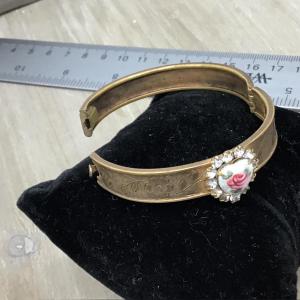 Photo of Vintage Hinged Childrens Cuff porcelain Rose Faux Diamonds scroll etching