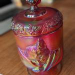 Vintage Fenton Iridescent Carnival Glass Canister Cat Indiana Glass