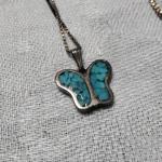 Pretty Vintage Pressed Turquoise Butterfly 19" 925 Necklace