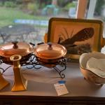 Copper Fondue, vintage ceramics, Peacock tray