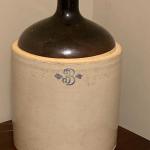 Vintage #3 stoneware crock jug 2 tone brown top handle 14 1/4" tall