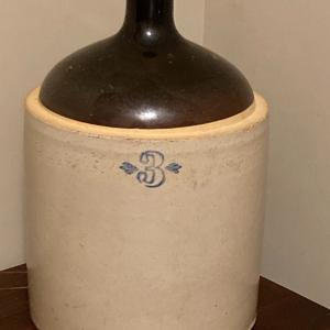 Photo of Vintage #3 stoneware crock jug 2 tone brown top handle 14 1/4" tall