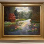 Vintage Oil Painting on Canvas "Pond Lotus" 36"x30"