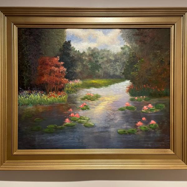 Photo of Vintage Oil Painting on Canvas "Pond Lotus" 36"x30"