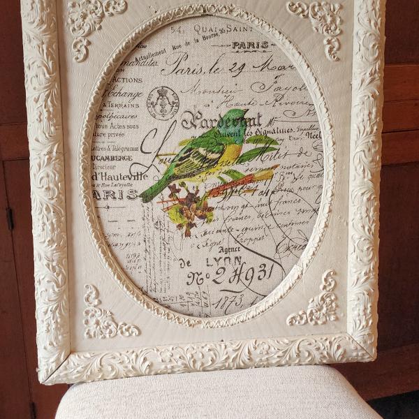 Photo of ONE OF  A KIND antique frame with bird painted on burlap 