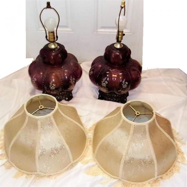 Photo of Pair Outstanding Vintage Purple Glass 2-Way Lamps w/ Shades