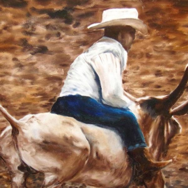 Photo of Outstanding Dated 1967 Cowboy Roping Steer Painting