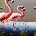 Pair Retro Mid-Century Flamingos Wall Hangings - Solid Oak Frames
