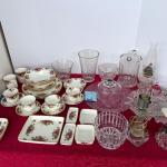 Set for 4 Royal Rose  English Bone China, vintage glass, Oil lamp
