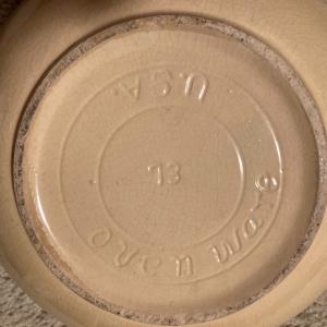 Photo of Vtg 9 1/2" 3 leaf apple bowl oven ware 73 USA green stripe 