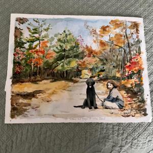 Photo of 1812 Original Watercolor of Girl with Dog by Local Artist  Marlen Binder