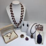 LOT 307M: In-Vest-Ments Crystal Necklace & Pierced Earring Set & Amethyst Colore