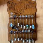 Vintage Wooden Souvenir Spoons and Holder 