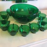 Green glass punch bowl with glasses