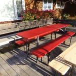 Red Painted Beer Garden table and two benches set.