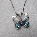 Opal and Aquamarine Butterfly With Diamond Accents  18" 925 Necklace