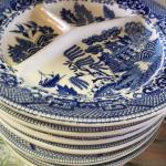 8 Ironstone Blue Willow sectioned plates made in Japan