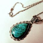 Vintage Turquoise Ornate Teardrop Cabochon Sterling Silver Pendant Necklace